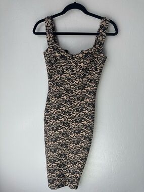 Nadia Rare Lace Bodycon Dress XS/S Snatched Fit Nude Black Midi Sexy Date Night